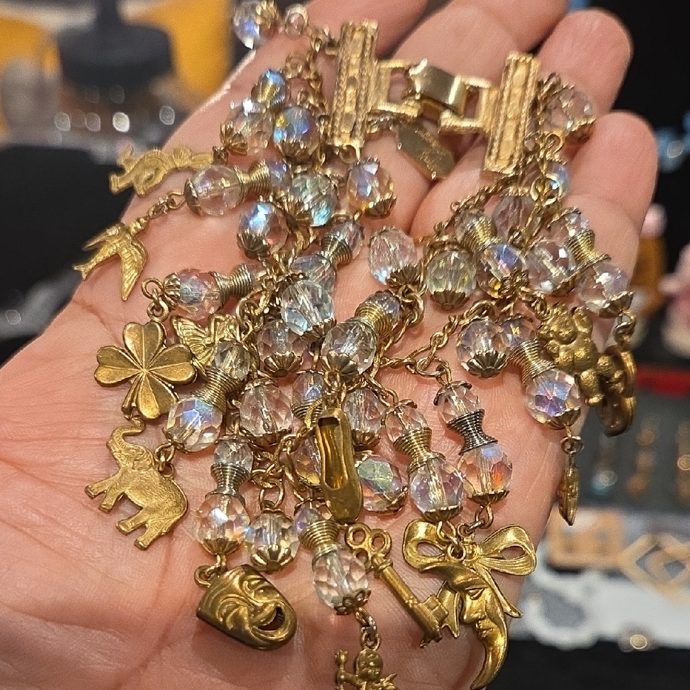 Vintage Gold Charm Bracelet with Crystal Beads